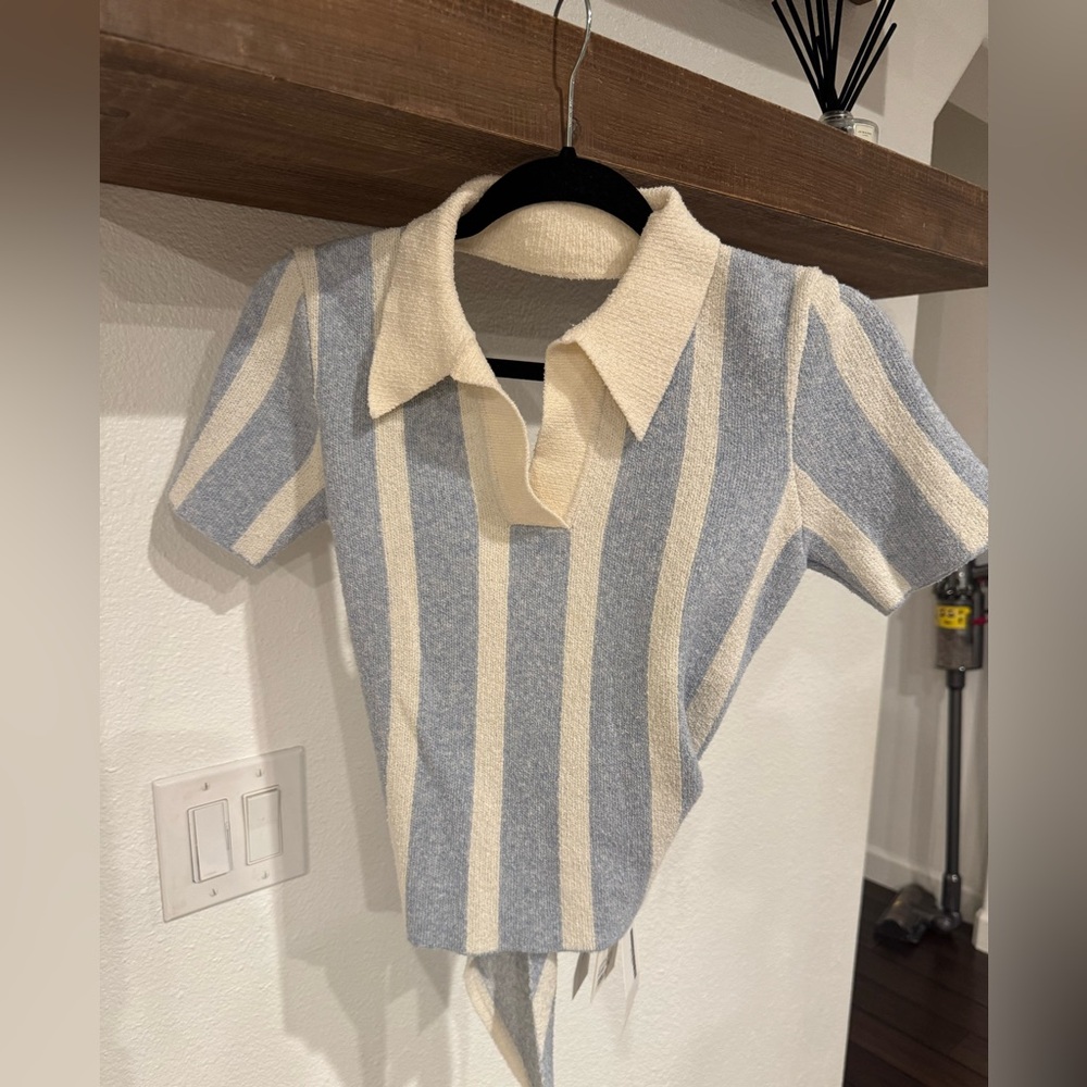 Jacquemus Cream and Light Blue Striped Knit Polo Top